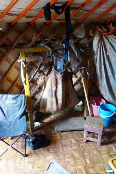 This is a skin they use to store and make "aeric", fermented mare's milk.  Every day they add to it and take from it, but they also spend about 1/2 an